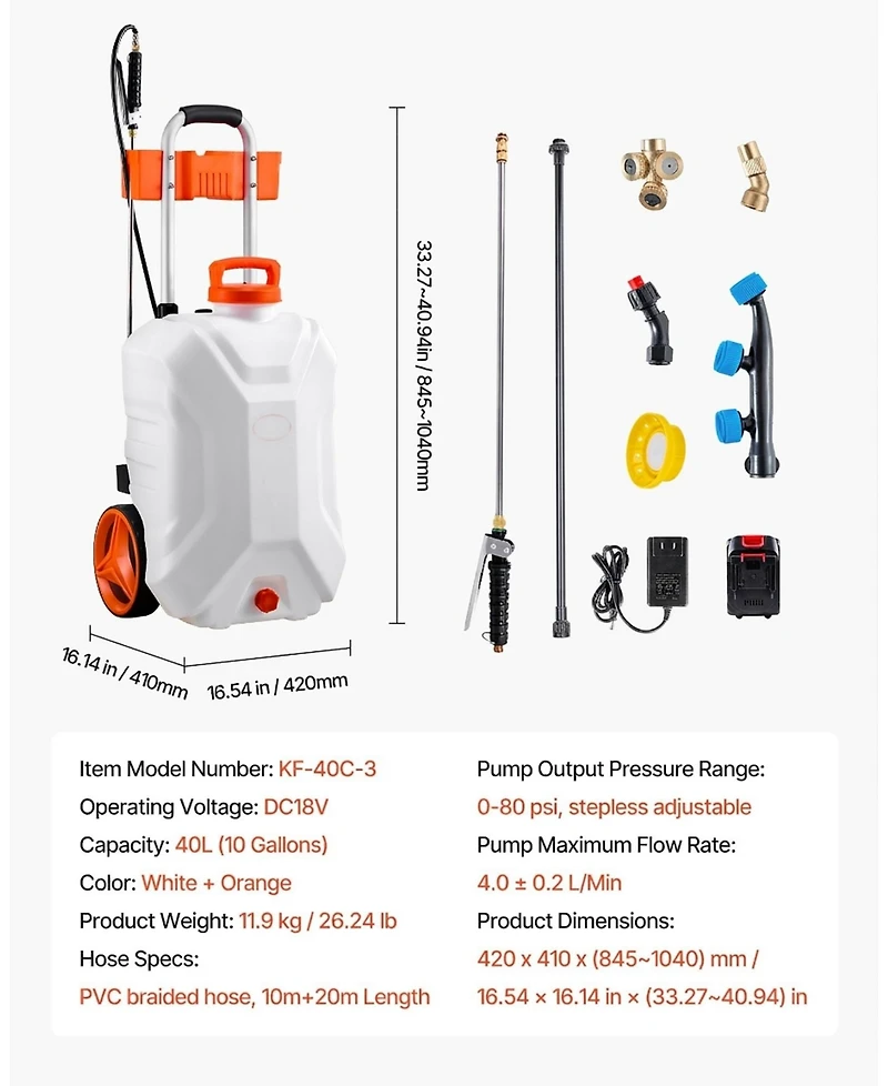 Sugift Battery-Powered Sprayer, 10 Gallons, Electric Weed Sprayer with Wheels