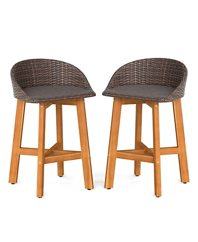 Gouun Set of 2 Acacia Wood and Rattan Outdoor Bar Chairs with Footrests