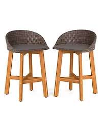 Gouun Set of 2 Acacia Wood and Rattan Outdoor Bar Chairs with Footrests