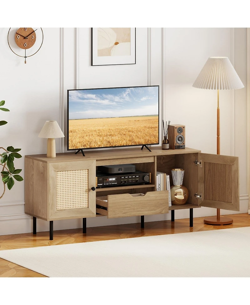 Gouun Boho 52-Inch Pe Rattan Tv Stand with Cabinets and Drawer