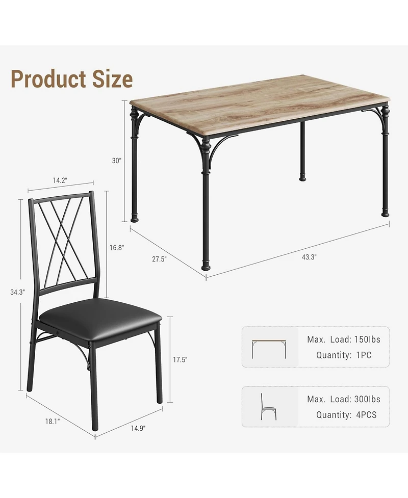 gaomon 5-Piece Rustic Dining Set for 4, Compact Kitchen Table and Upholstered Chairs for Small Spaces, Apartment and Studio