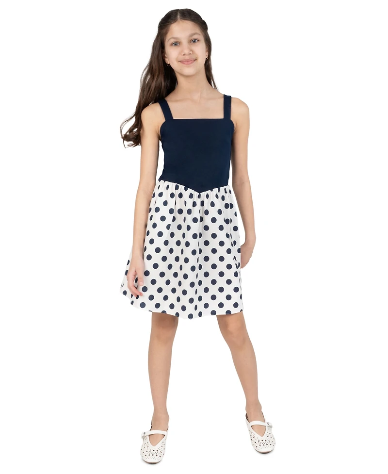 Rare Editions Girls' 7-16 Knit Ponte To Polka Dot Dropwaist Short Dress