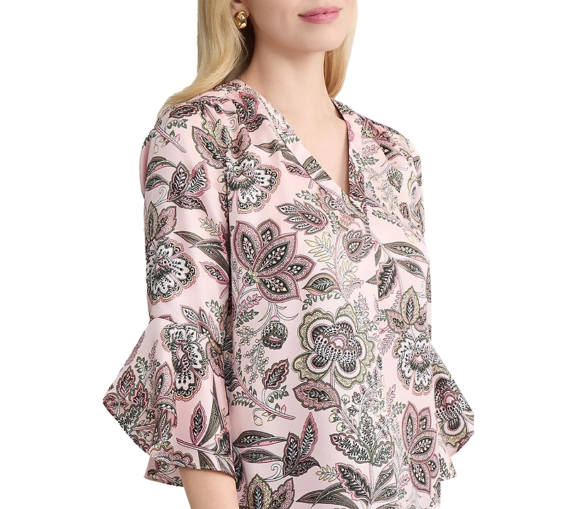 Jones New York Women's Kelly Printed Flutter-Sleeve V-Neck Polyester Blouse