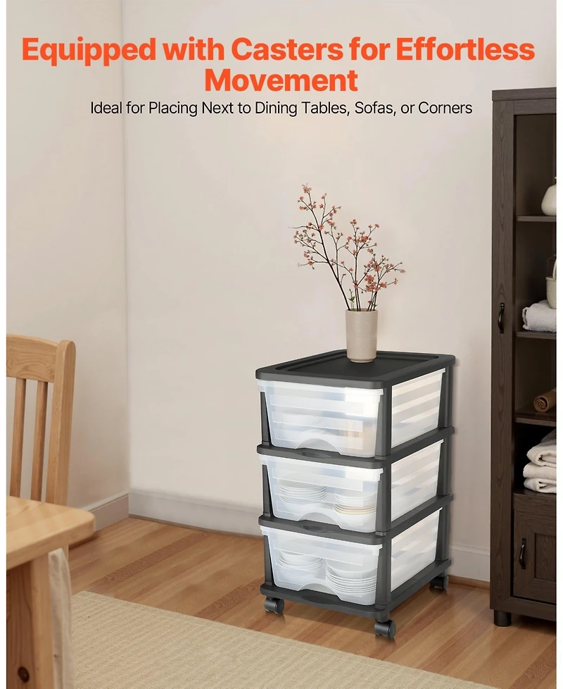 Gouun 3 Drawer Rolling Storage Cart with Clear Front Panels and Wheels