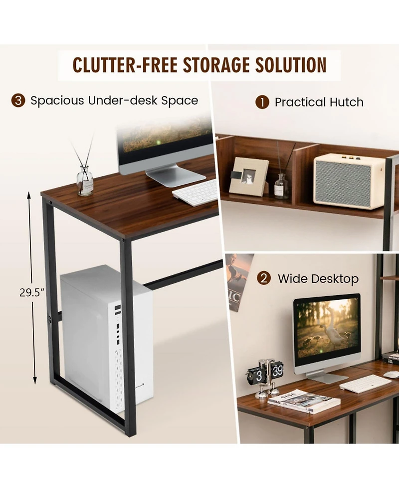 Gouun Reversible L-Shaped Corner Desk with Open Storage Hutch and Footrest Bars