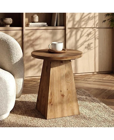 Tribesigns Solid Wood End Table, 19" Round Side Table with Trapezoid Base for Small Spaces, Living Room, Easy Assembly