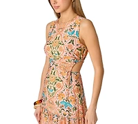 Adrianna Women's Printed Sleeveless Crewneck Petal Trim Midi Dress