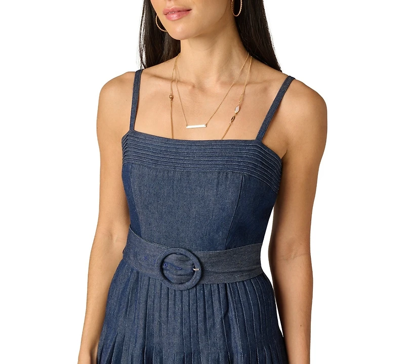 Adrianna Women's Pintucked Square Neck Cotton Denim Midi Dress