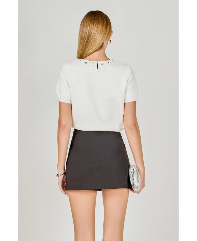 endless rose Women's Floral Detail Short Sleeve Sweater