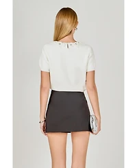 endless rose Women's Floral Detail Short Sleeve Sweater