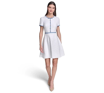Karl Lagerfeld Paris Women's Knit Tweed A-Line with Framing and Crew Neck Dress
