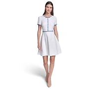 Karl Lagerfeld Paris Women's Knit Tweed A-Line with Framing and Crew Neck Dress