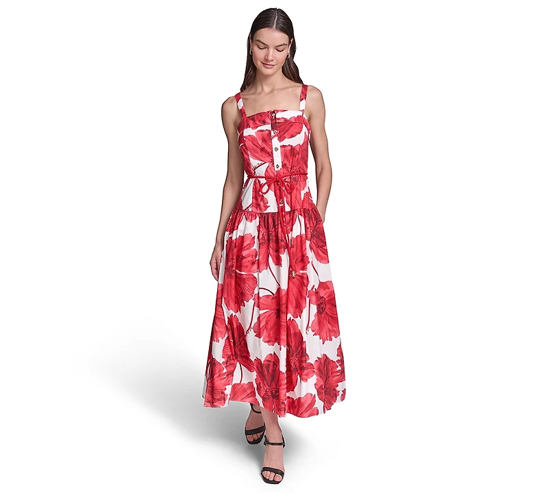 Karl Lagerfeld Paris Women's Printed Cotton Midi with Rope Belt Dress
