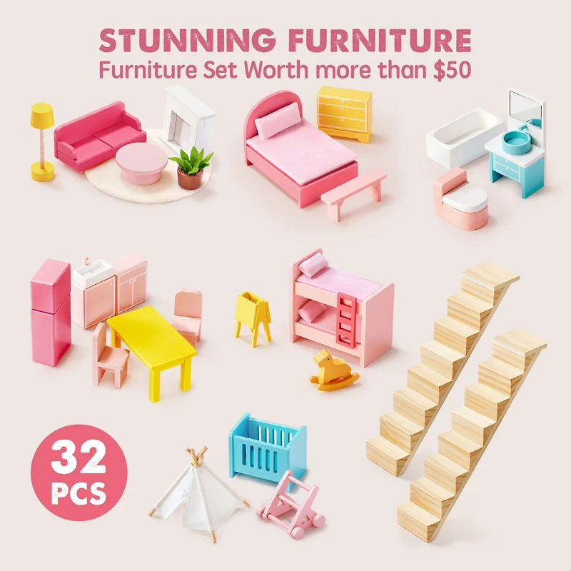 Tiny Land Sweetwood Love Dollhouse for Girls without Dolls, Diy Pretend Play 6 Rooms Wooden Doll House