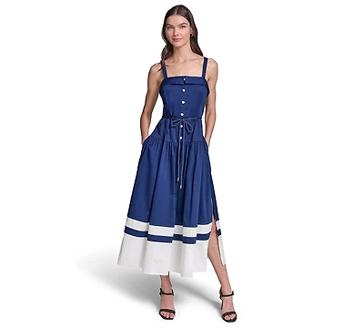 Karl Lagerfeld Paris Women's Cotton Midi with Contrast Border & Rope Tie Belt Dress