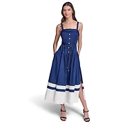 Karl Lagerfeld Paris Women's Cotton Midi with Contrast Border & Rope Tie Belt Dress