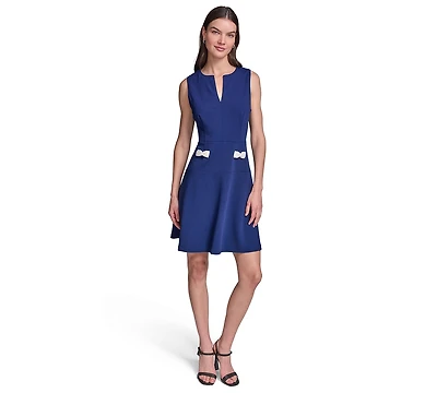 Karl Lagerfeld Paris Women's Fit and Flare Scuba Crepe with Pearl Bow Pockets Dress