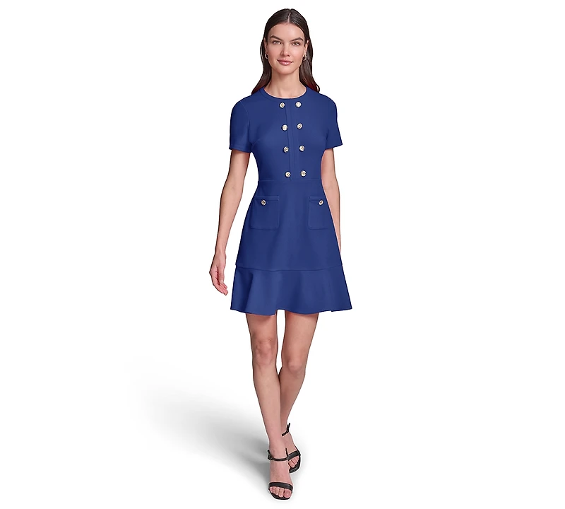 Karl Lagerfeld Paris Women's Short-Sleeve Scuba Crepe with Flounce Hem and Button Dress