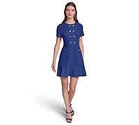 Karl Lagerfeld Paris Women's Short-Sleeve Scuba Crepe with Flounce Hem and Button Dress