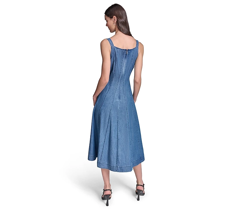 Karl Lagerfeld Paris Women's Chambray Fit & Flare Midi with Bow Pins Dress