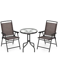 Gouun 3-Piece Patio Bistro Set with Round Tempered Glass Table and Folding Chairs