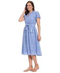 London Times Petite Ruffle Neck Bubble-Sleeve Elastic Waist Midi Dress