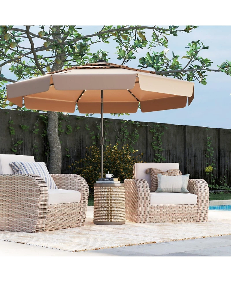 Gouun 10 ft Solar Led Patio Umbrella with Three-Tier Vented Top Ruffled Edges and Crank