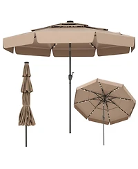 Gouun 10 ft Solar Led Patio Umbrella with Three-Tier Vented Top Ruffled Edges and Crank