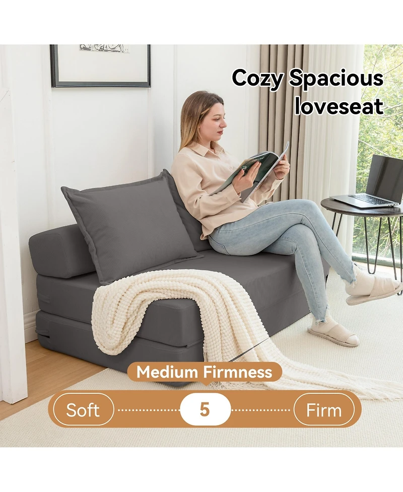 Rainsken Foldable Sofa Bed, 47.6'' Convertible Sleeper Chair, Corduroy Boneless Couch with 2 Pillows for Living Room, Home Office