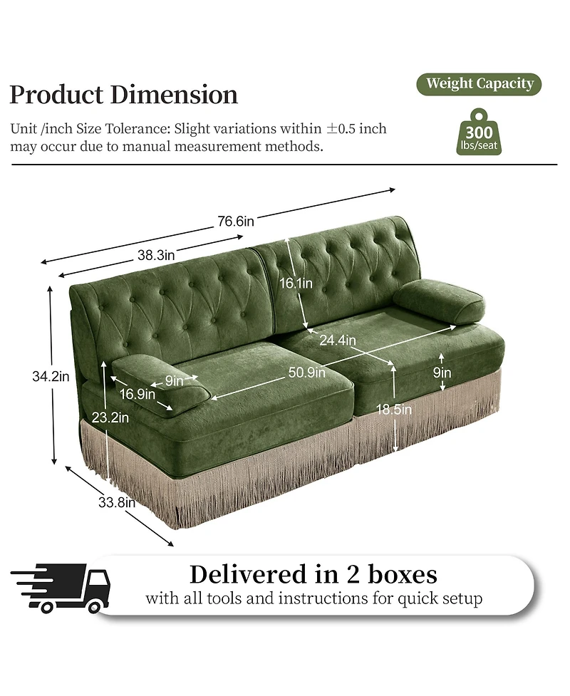 Rainsken 77" Loveseat Sofa, Velvet Upholstered 2-Seater Couch with Button Tufted Back and Floor-Length Tassel Fringe Skirt for Living Room