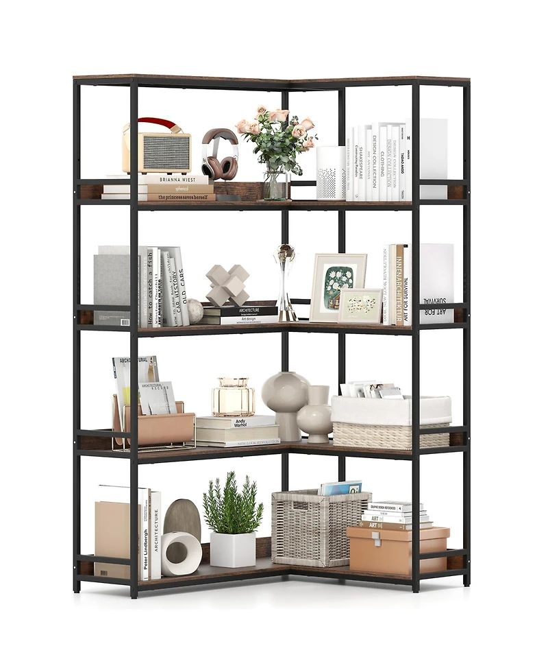 Gouun 5-Tier L-Shaped Corner Bookshelf with Metal Frame, 43.5 x 35 x 71