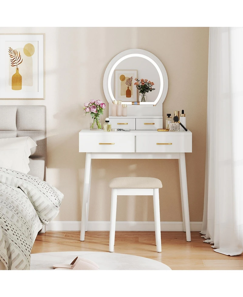 Sugift Small Vanity Makeup Dressing Table Set with Cushioned Stool and Led Lighted Mirror