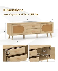Sugift Rattan Tv Stand for 65-Inch Tv with Drawers and Solid Wood Legs