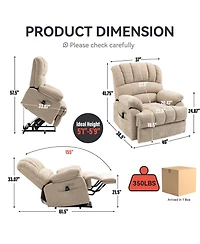 Flynama Seat Width and High Back Large Size Beige Chenille Power Lift Recliner Chair with 8-Point Vibration Massage and Lumbar Heating
