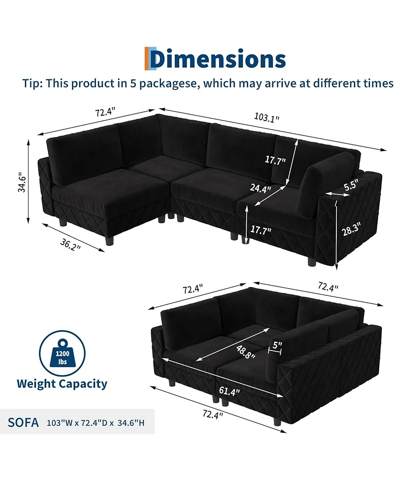 gaomon 134 Modular Sectional Sofa, 4 Seat High Density Sponges Cloud Couch L Shaped Velvet with Upholstered for Living Room, Apartment