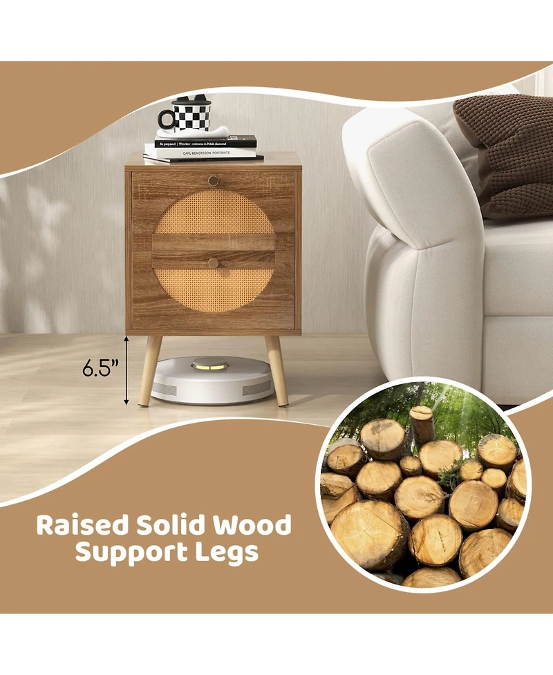 Sugift Set of 2 Rattan Nightstand with 2 Drawers and Solid Wood Legs