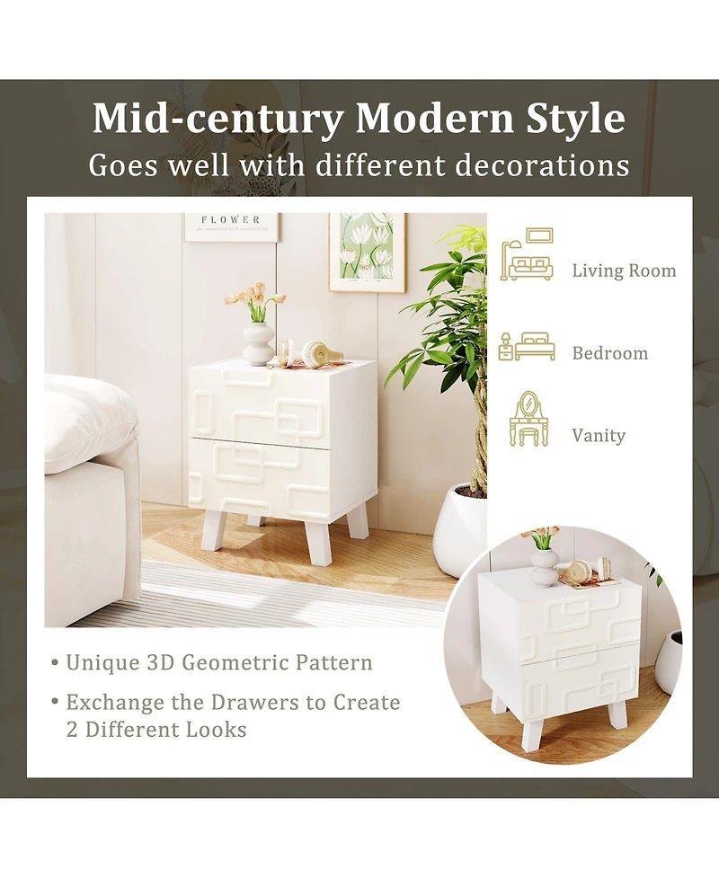 Sugift Modern Nightstand Side Table with Drawers and 3D Geometric Patterns