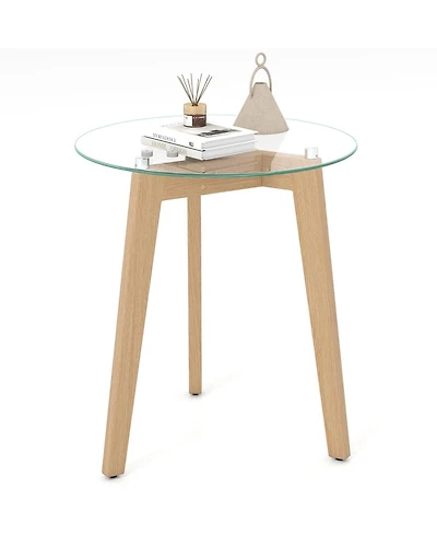 Sugift Tempered Glass End Table Round with Solid Rubber Wood Structure-1 Piece