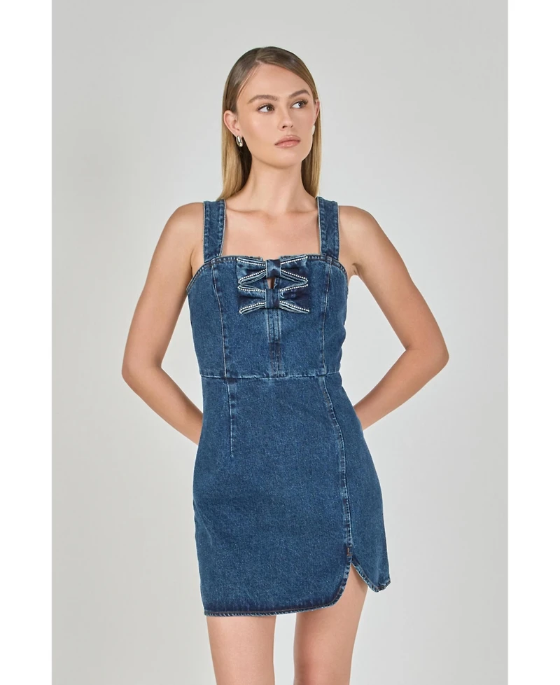 endless rose Women's Bow Trim Denim Mini Dress