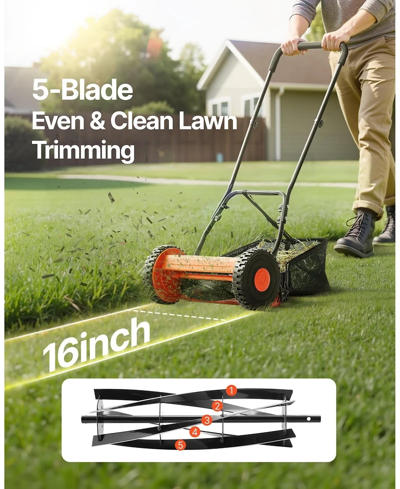 Sugift Push Reel Lawn Mower, 16 inch, 5 Blades, Manual Mower with Grass Catcher