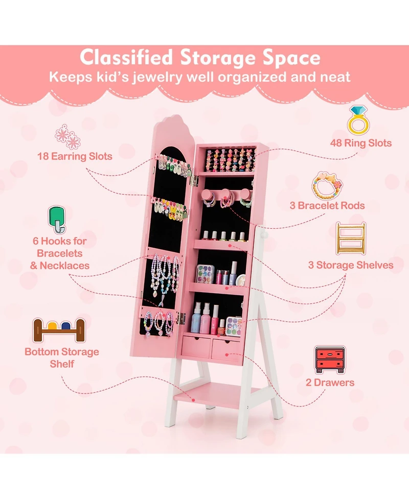 Sugift Kids Jewelry Organizer with Full Length Mirror Drawers and Storage Shelves