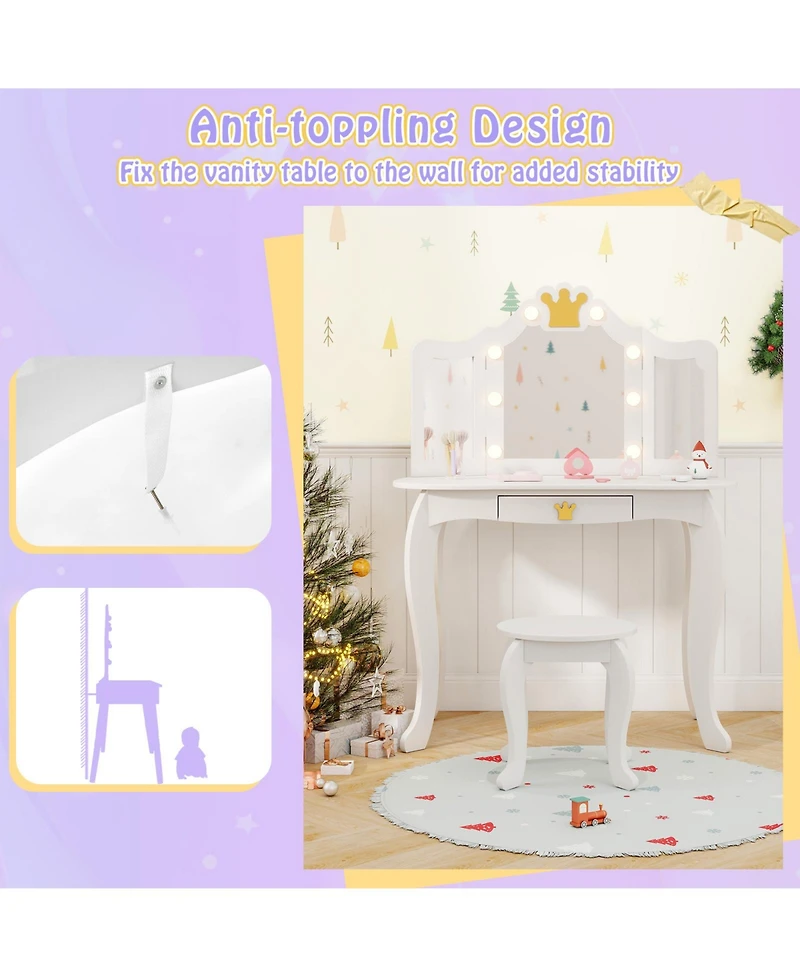 Sugift Kids Vanity Set with Tri-fold Lighted Mirror Detachable Top and Stool