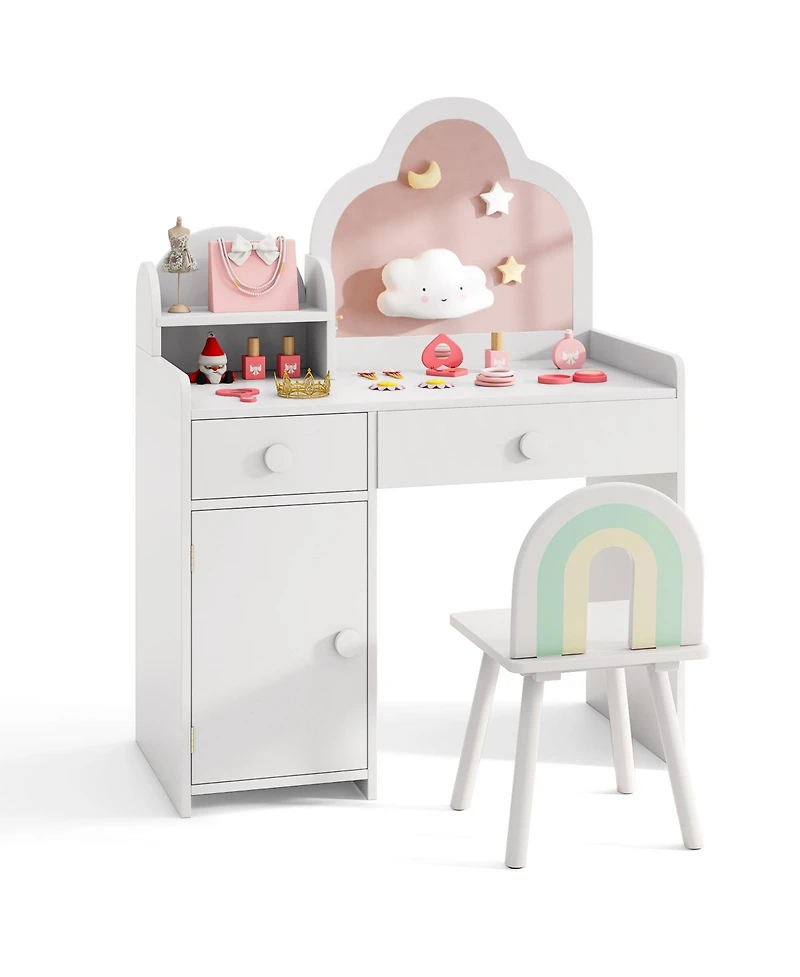 Sugift Kids Vanity Table and Chair Set with Cloud-shaped Mirror and Open Shelf