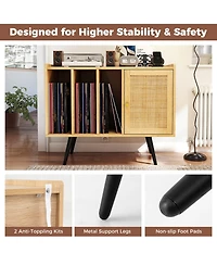 Sugift Record Player Stand with Charging Station and Rattan Cabinet for Living Room