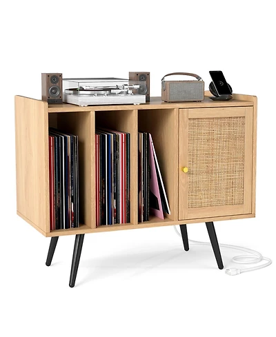 Sugift Record Player Stand with Charging Station and Rattan Cabinet for Living Room
