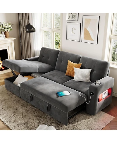 gaomon 84" Sleeper Sofa with Storage and Charging Station, Convertible Sectional Couch Bed Led Lights, Reversible Chaise, Pull Out