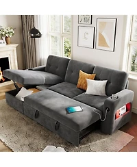 gaomon 84" Sleeper Sofa with Storage and Charging Station, Convertible Sectional Couch Bed Led Lights, Reversible Chaise, Pull Out