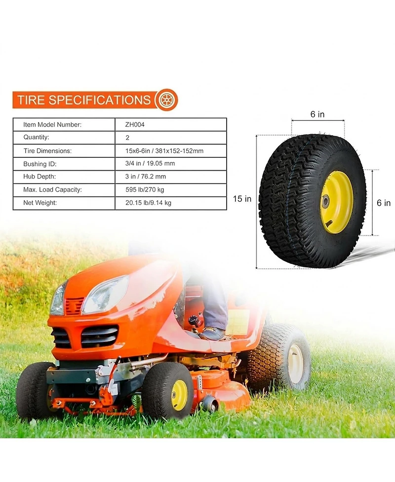 Sugift Lawn Mower Tires with Rim, 15x6-6", Tubeless, 2-Pack for Riding Mowers and Tractors