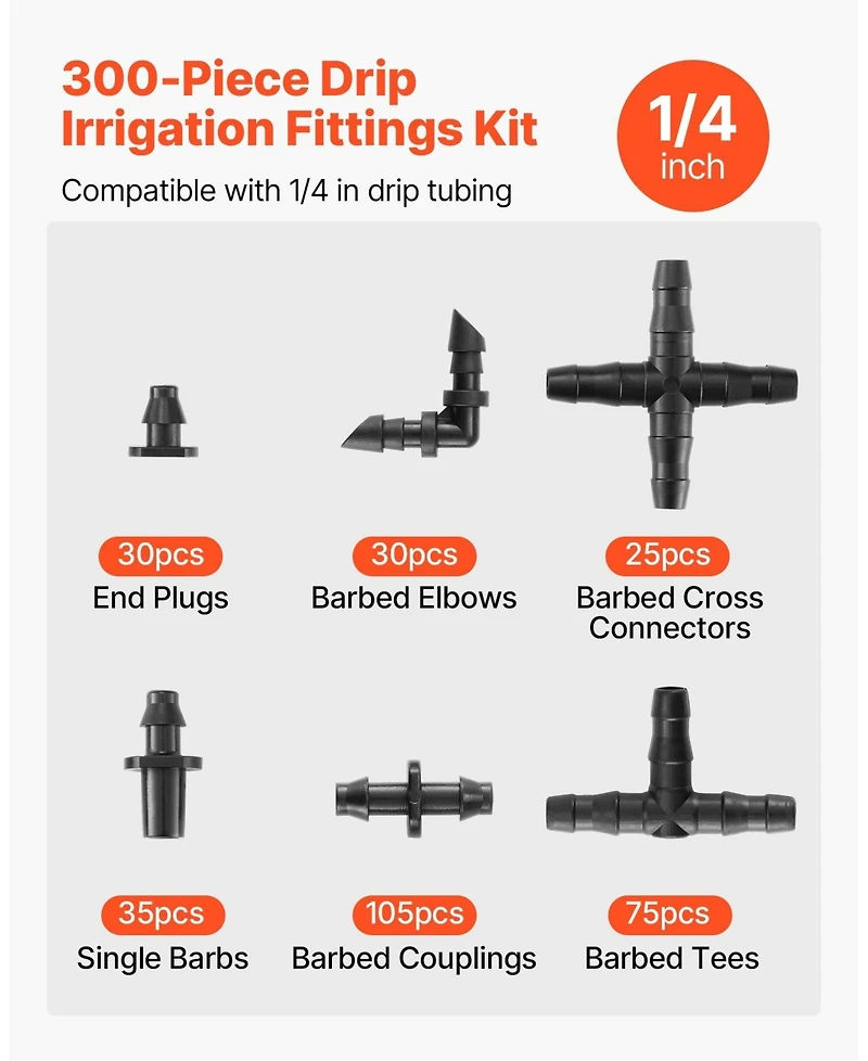 Sugift Drip Irrigation Fittings Kit, 300 Pcs, for 1/4" Tubing, for Yard and Garden