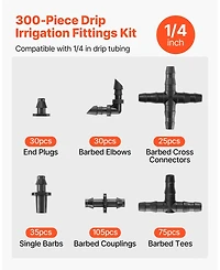 Sugift Drip Irrigation Fittings Kit, 300 Pcs, for 1/4" Tubing, for Yard and Garden